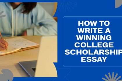 Student writing in a notebook beside a laptop with the text “How to Write a Winning College Scholarship Essay” displayed.