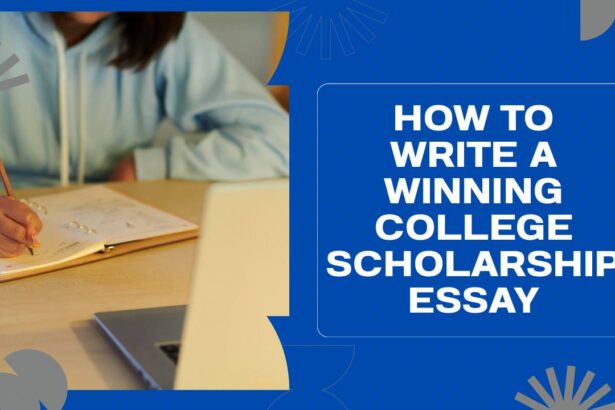 Student writing in a notebook beside a laptop with the text “How to Write a Winning College Scholarship Essay” displayed.