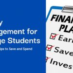 Money management for college students graphic with financial plan checklist showing earn, save, invest on a clipboard.