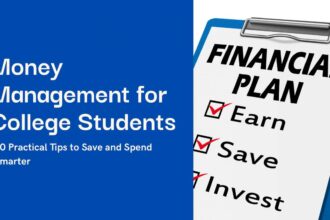 Money management for college students graphic with financial plan checklist showing earn, save, invest on a clipboard.