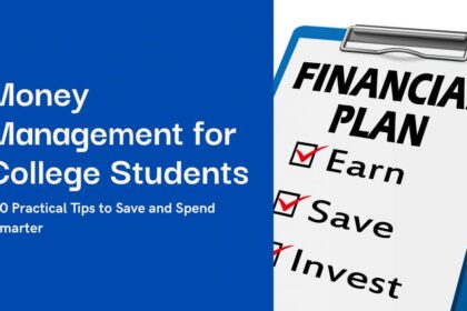 Money management for college students graphic with financial plan checklist showing earn, save, invest on a clipboard.