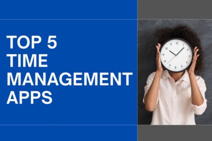 Top 5 time management apps banner with woman holding clock in front of face symbolizing productivity and time management