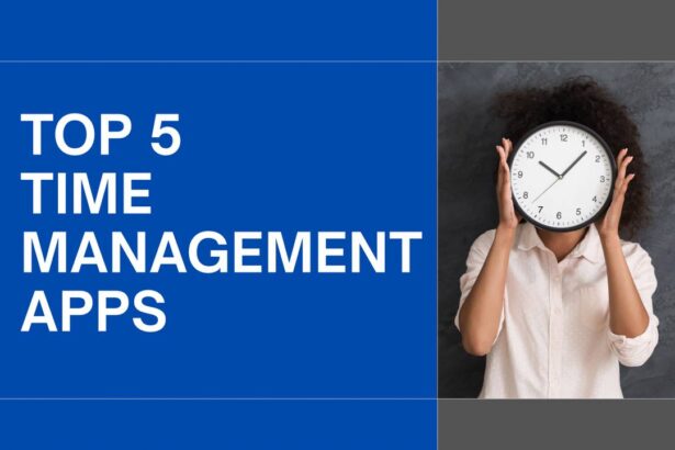 Top 5 time management apps banner with woman holding clock in front of face symbolizing productivity and time management